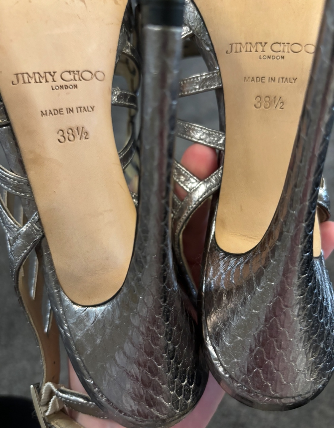 Jimmy Choo Silver Snakeskin Heels Size 38 1/2 - photo 4