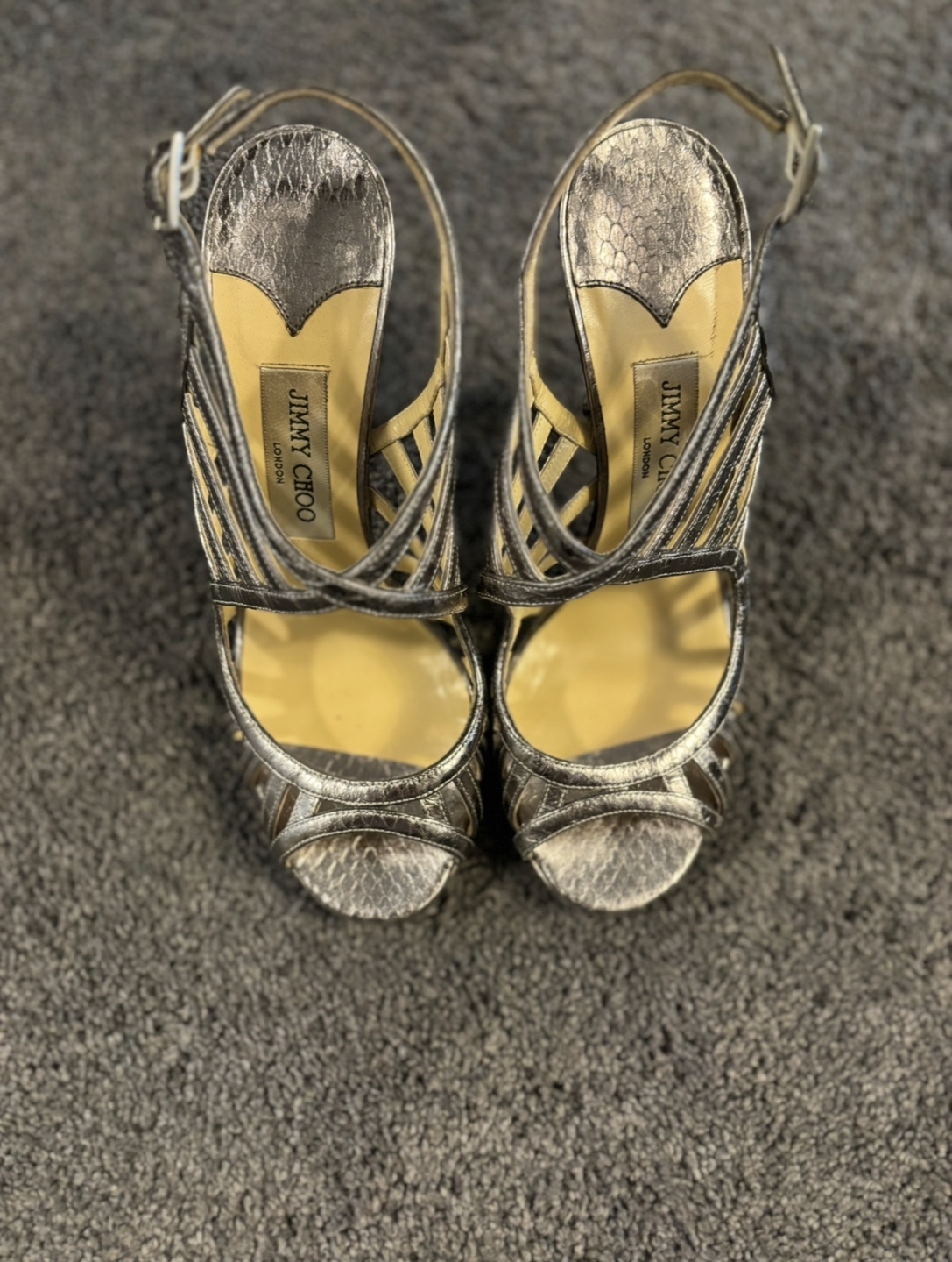 Jimmy Choo Silver Snakeskin Heels Size 38 1/2