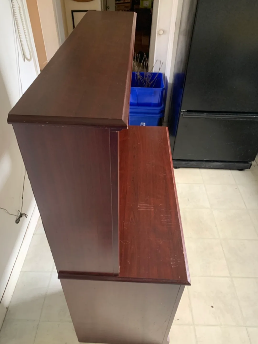 Cherry finish desk with drawer, keyboard surface, shelves. image indicator(2)