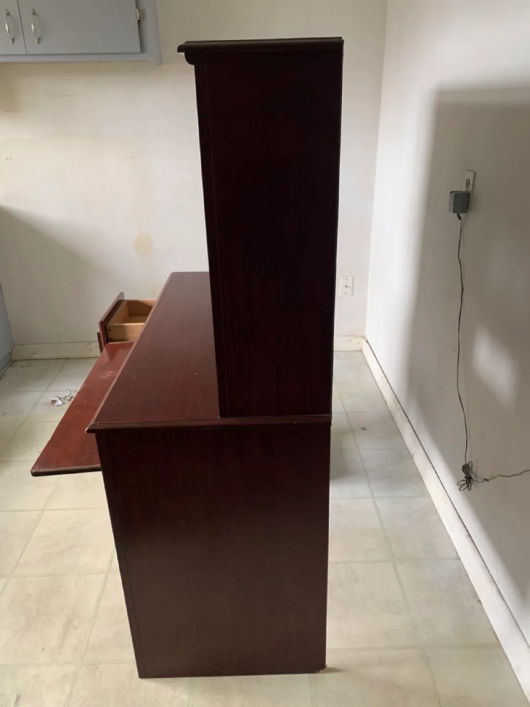 Cherry finish desk with drawer, keyboard surface, shelves. image indicator(4)