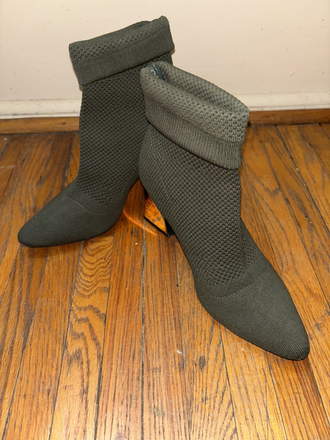 Olive Green Knit Booties with Block Heel - photo 3