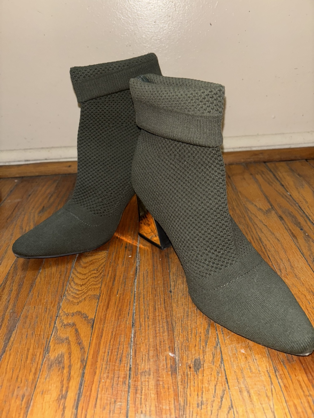 Olive Green Knit Booties with Block Heel
