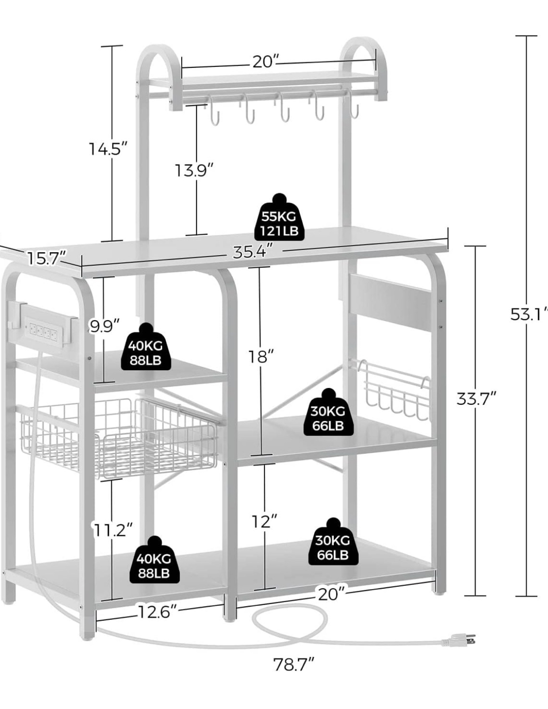 White Kitchen Baker's Rack with Power Outlets - photo 3