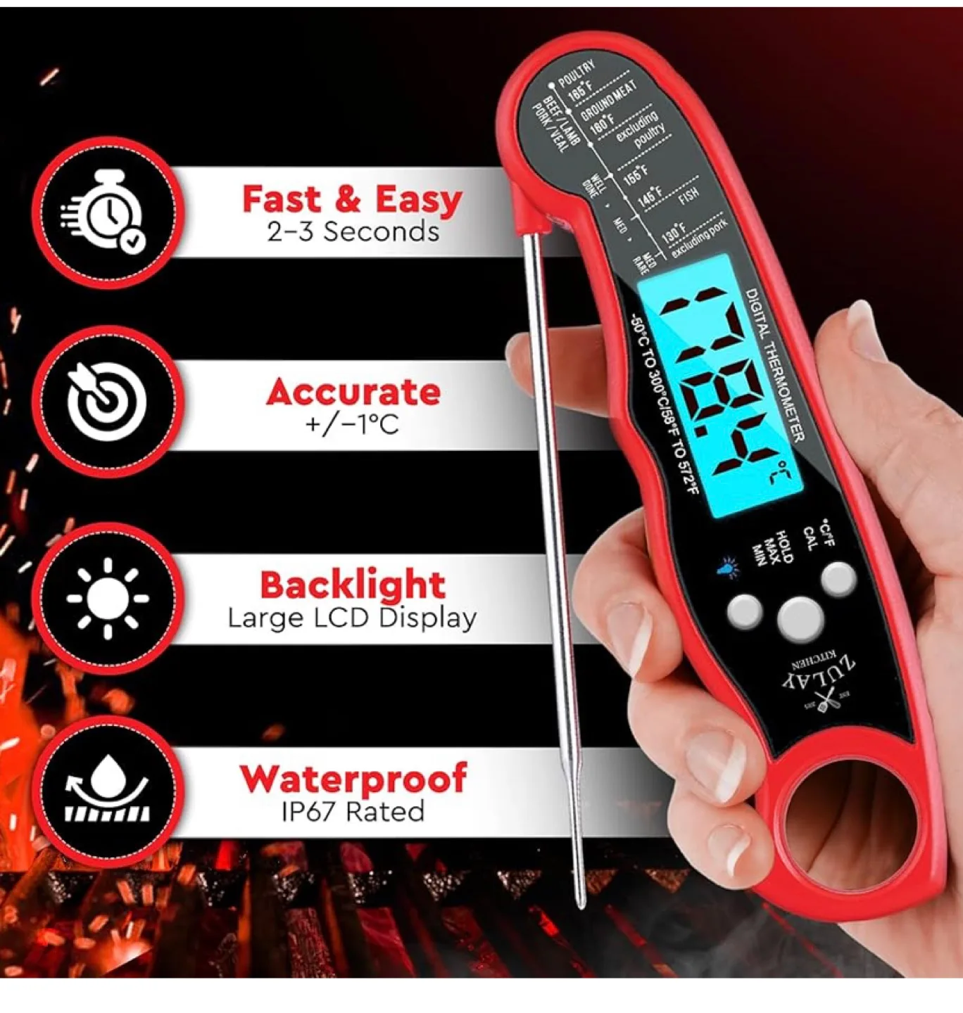 ZULAY Kitchen Digital Cooking Thermometer - Red image indicator(2)