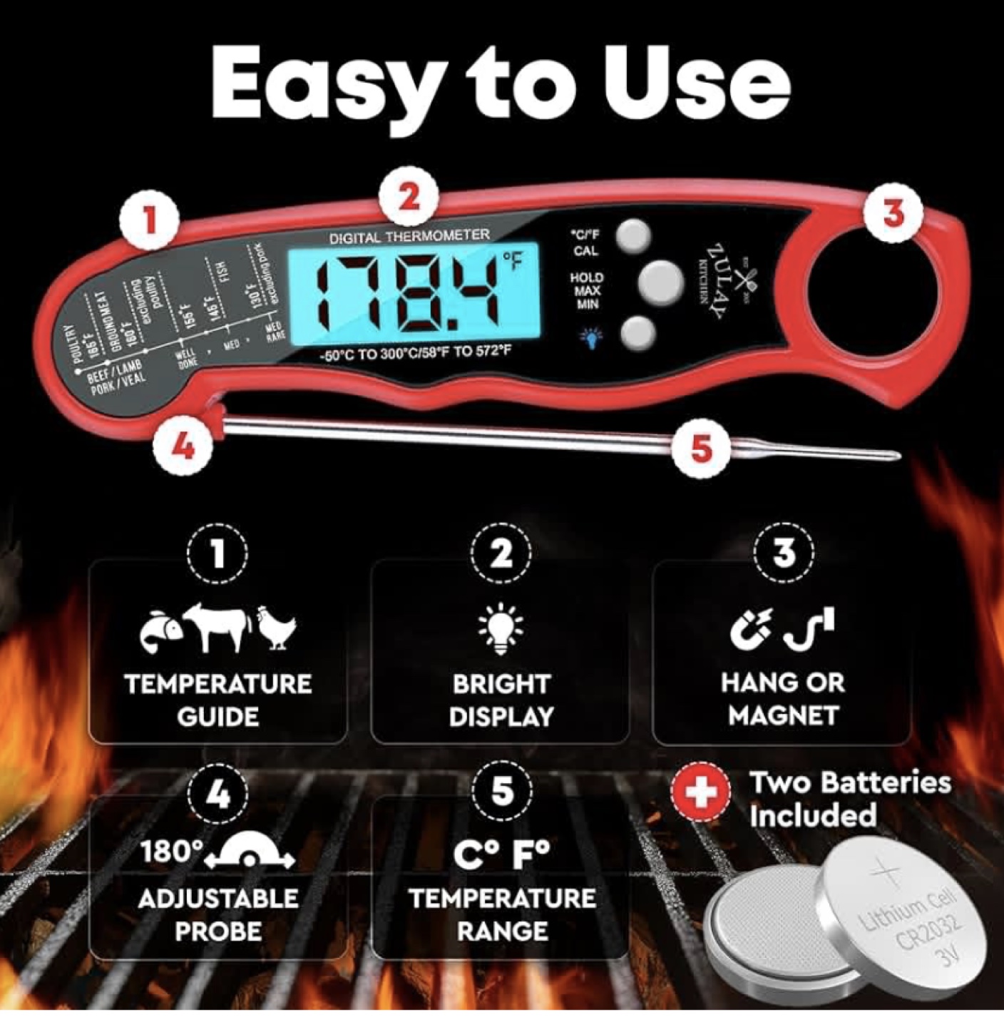 ZULAY Kitchen Digital Cooking Thermometer - Red - photo 3