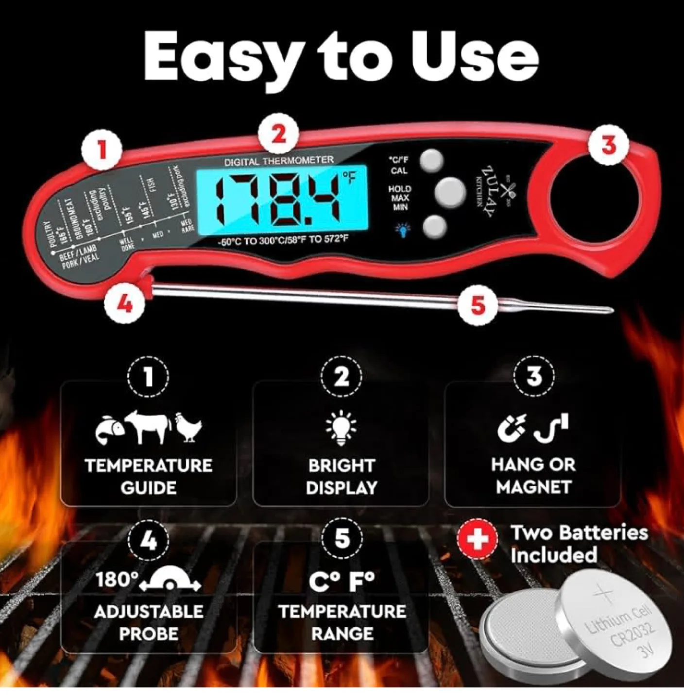 ZULAY Kitchen Digital Cooking Thermometer - Red image indicator(3)