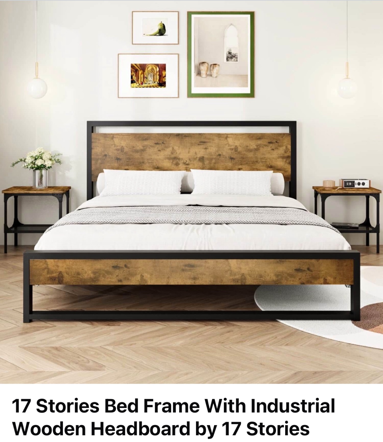 17 Stories Industrial Wooden Headboard Bed Frame