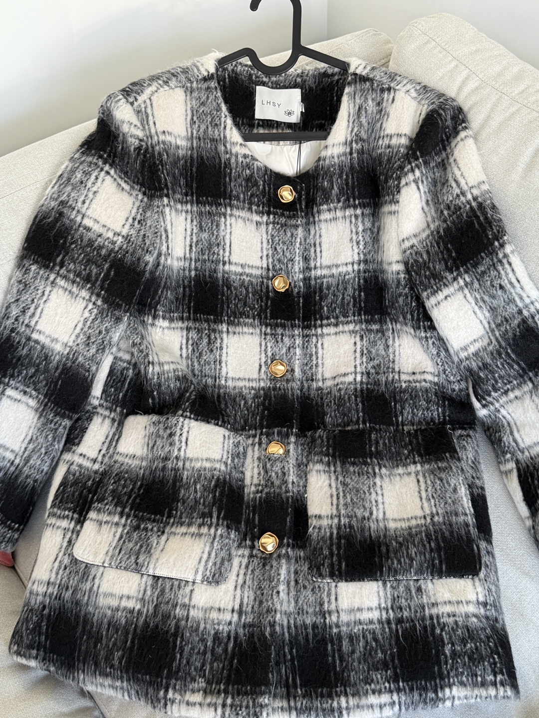 LILY Black and White Plaid Down Jacket