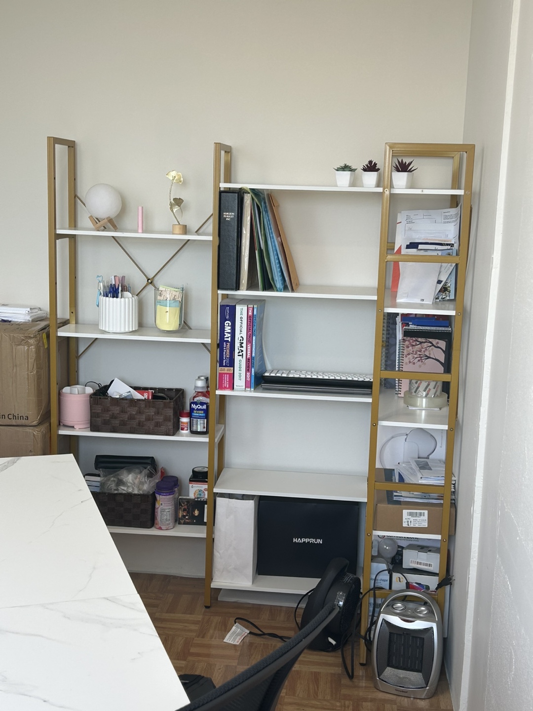 Gold and White Corner Bookshelf