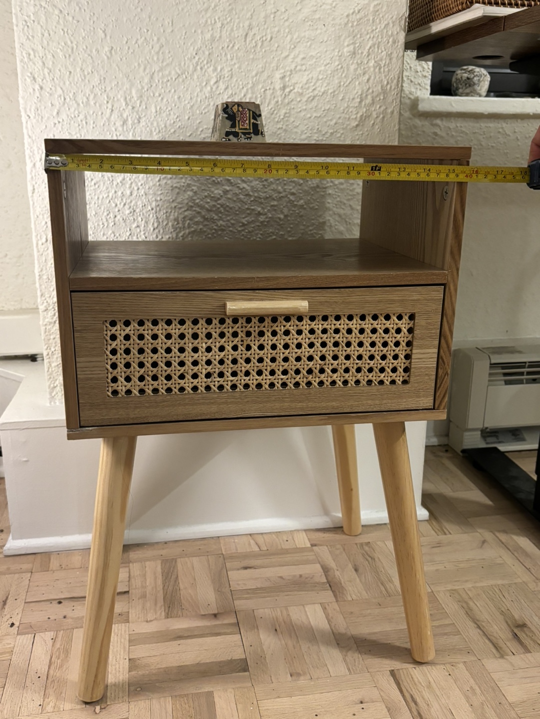 Small Wooden Nightstand with Rattan Drawer