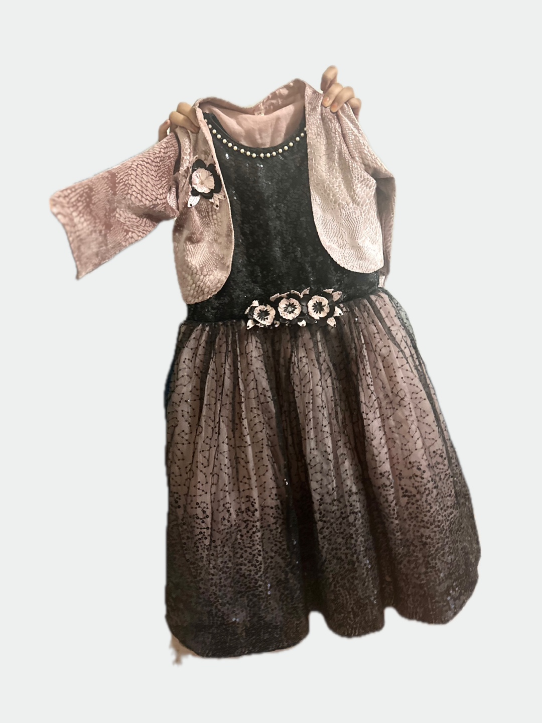 Girls' Pink and Black Sequin Party Dress with Bolero