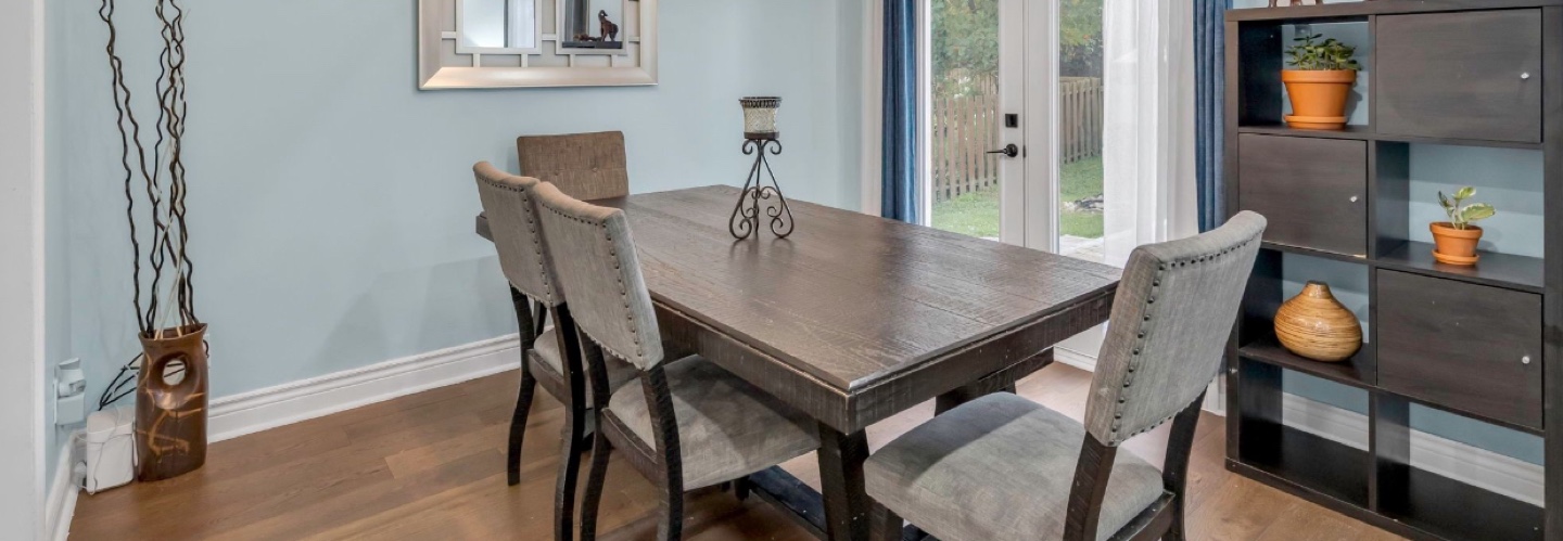 Dark Brown Wood Dining Table with Bench and Four Chairs