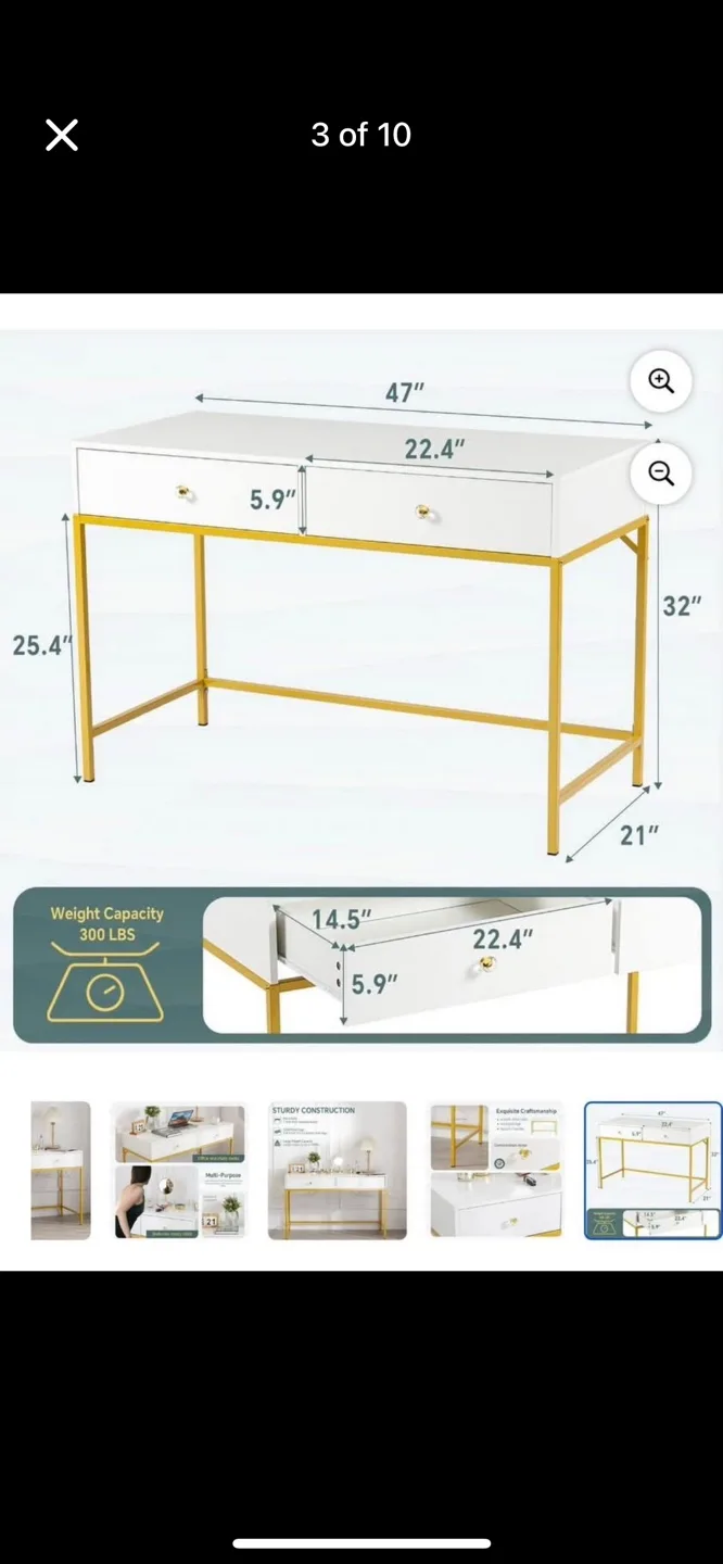 White and Gold Desk with Two Drawers image indicator(2)