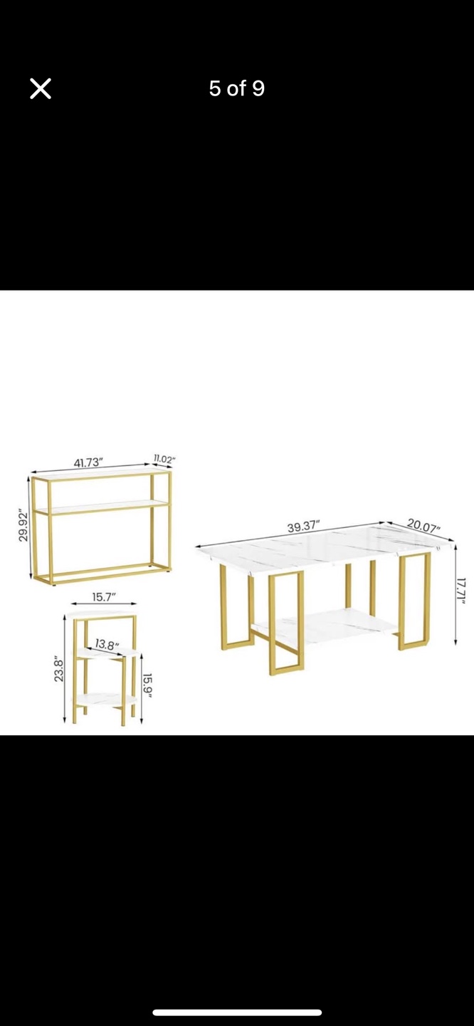 Living Room Table Set - 3 Pieces Marble & Gold