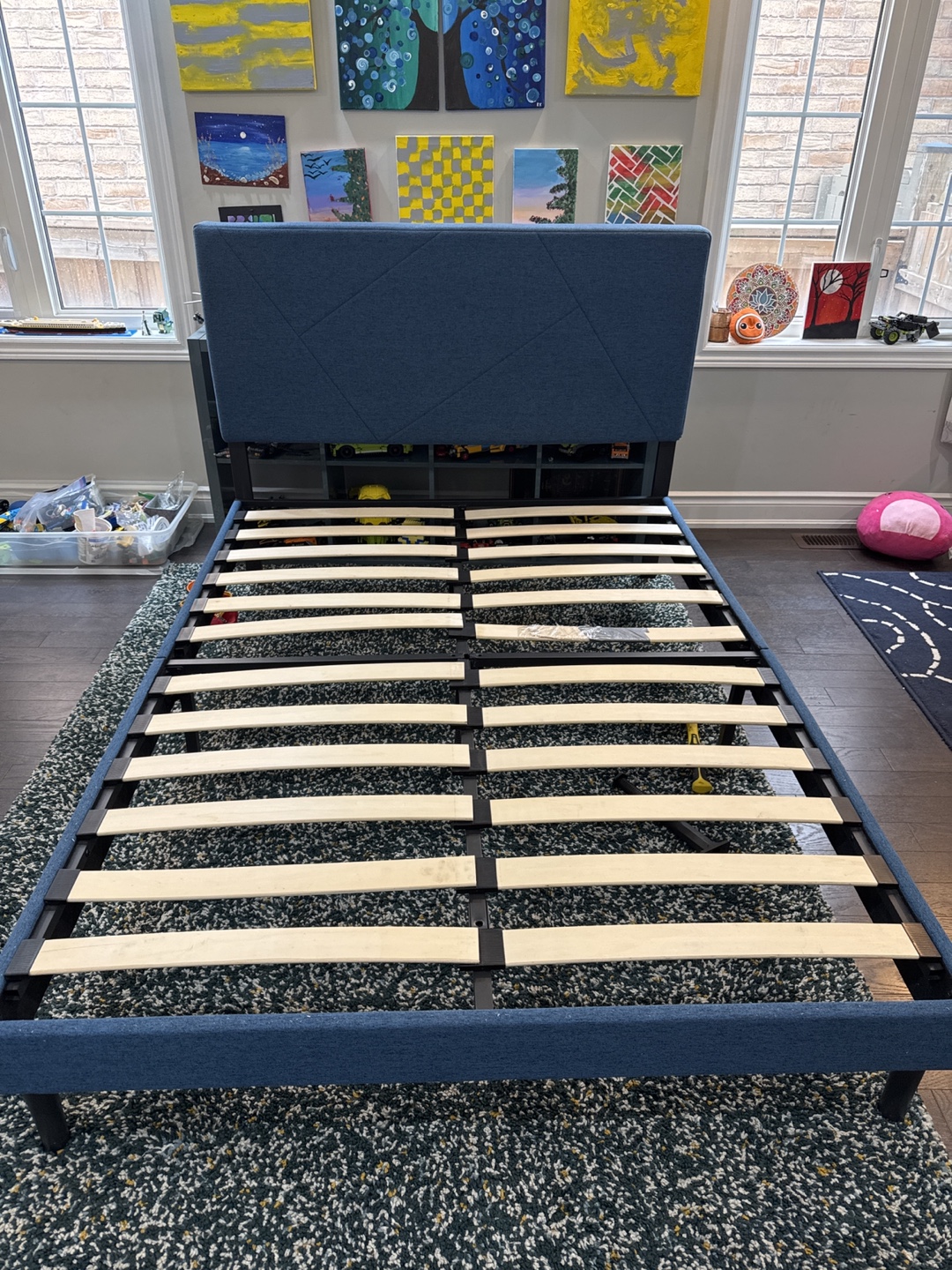Blue Upholstered Double Bed Frame with Headboard