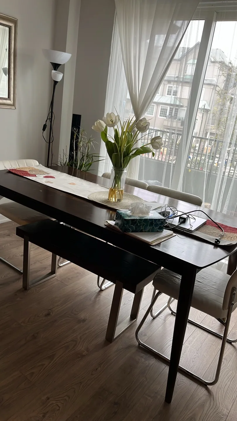 Dark Brown Wooden Dining Table with Bench and Six Chairs thumbnail