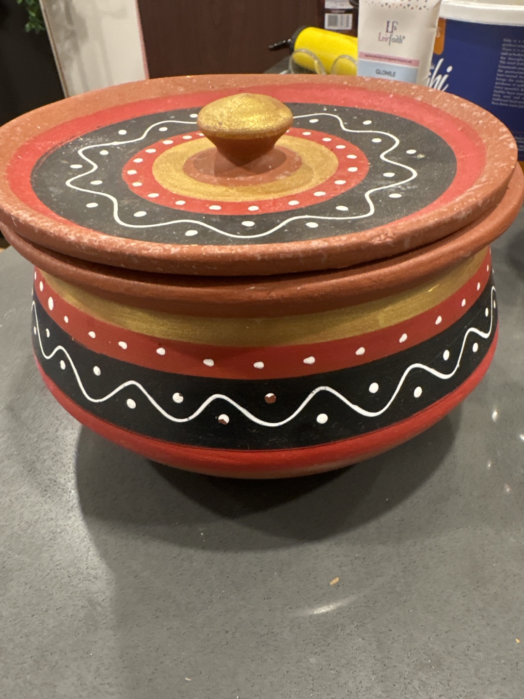 Hand-painted terracotta pot with lid