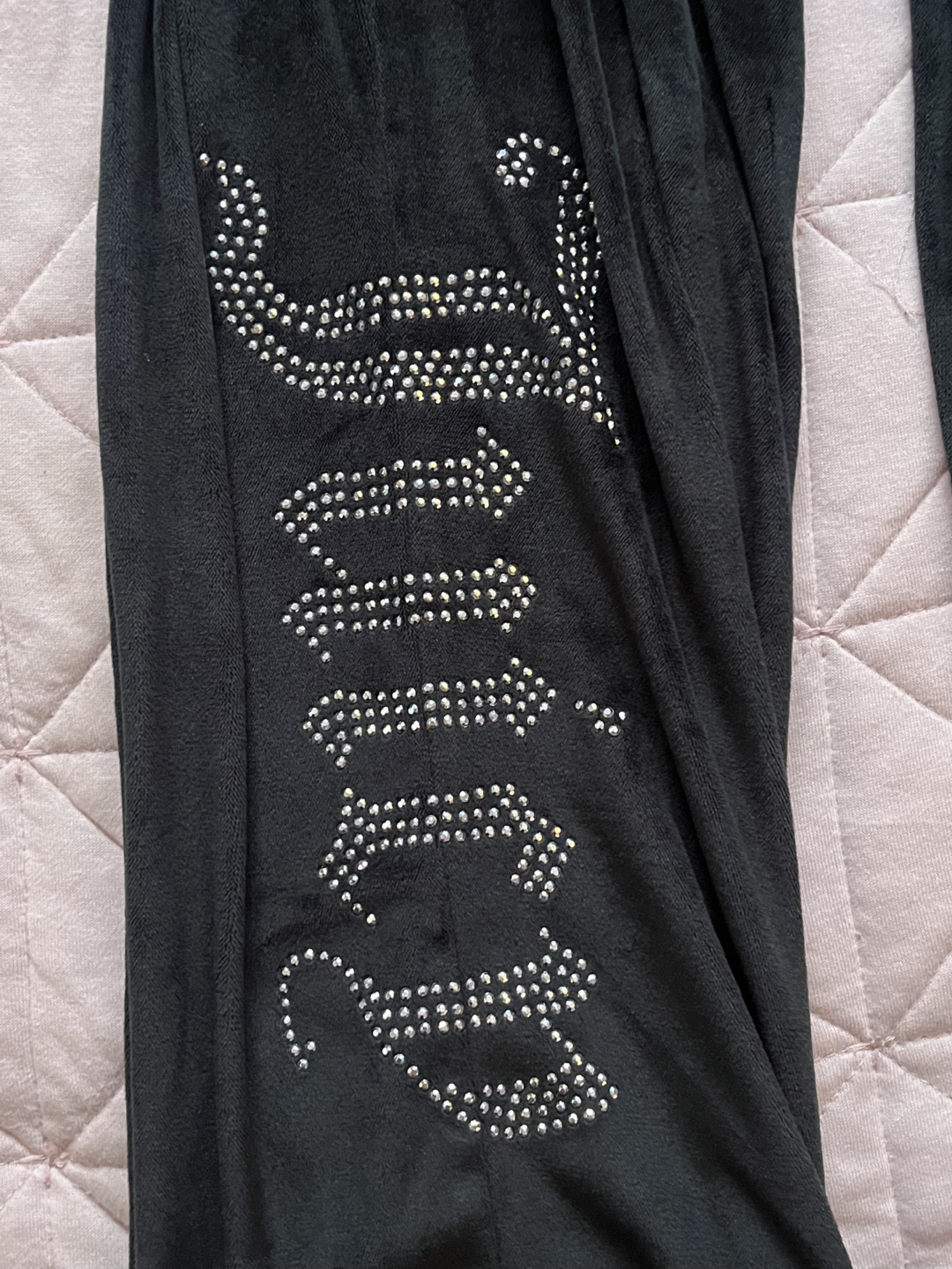 Juicy Couture Black Velour Track Pants with Rhinestone Detail