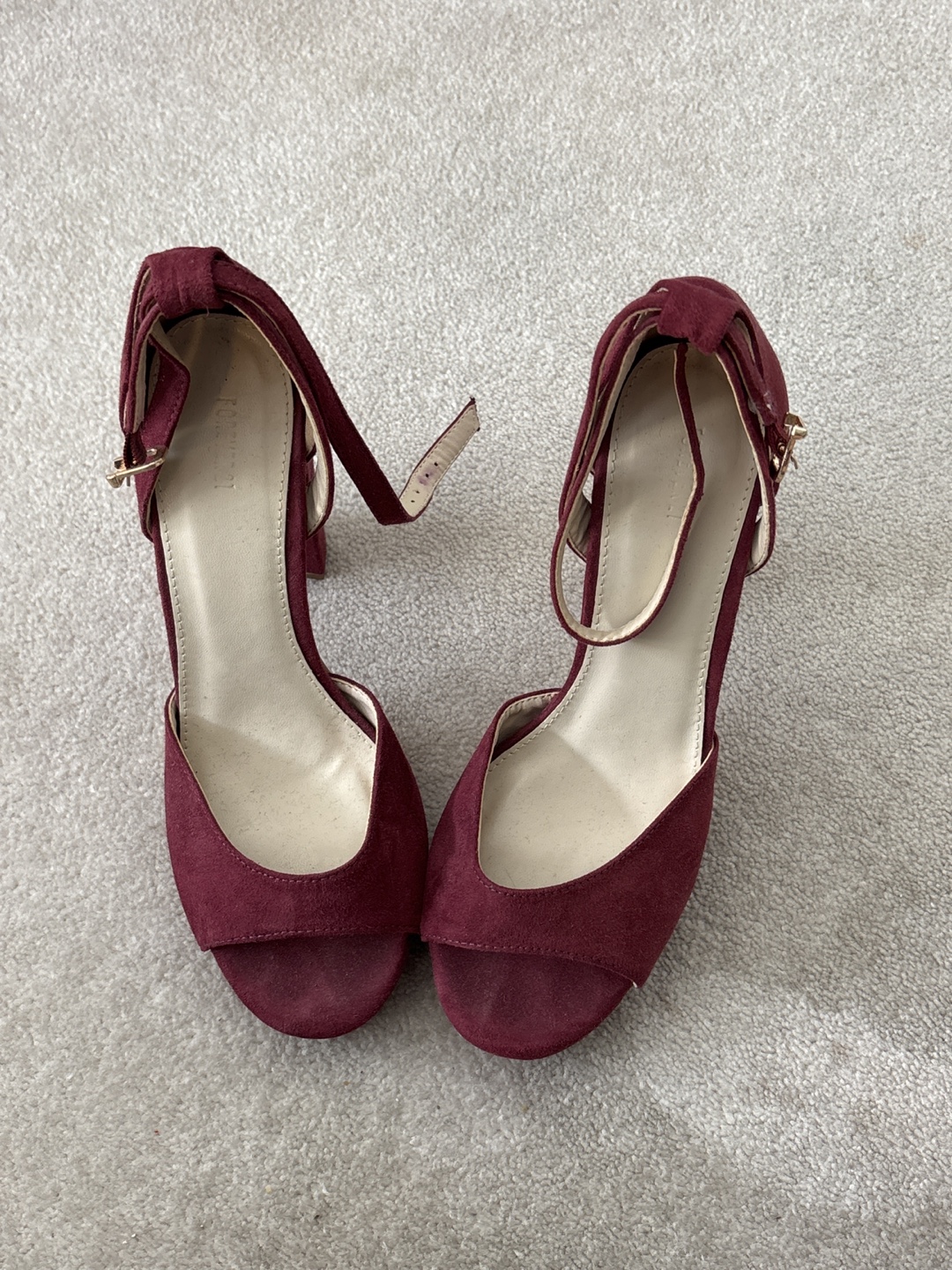 Burgundy Suede Block Heel Sandals