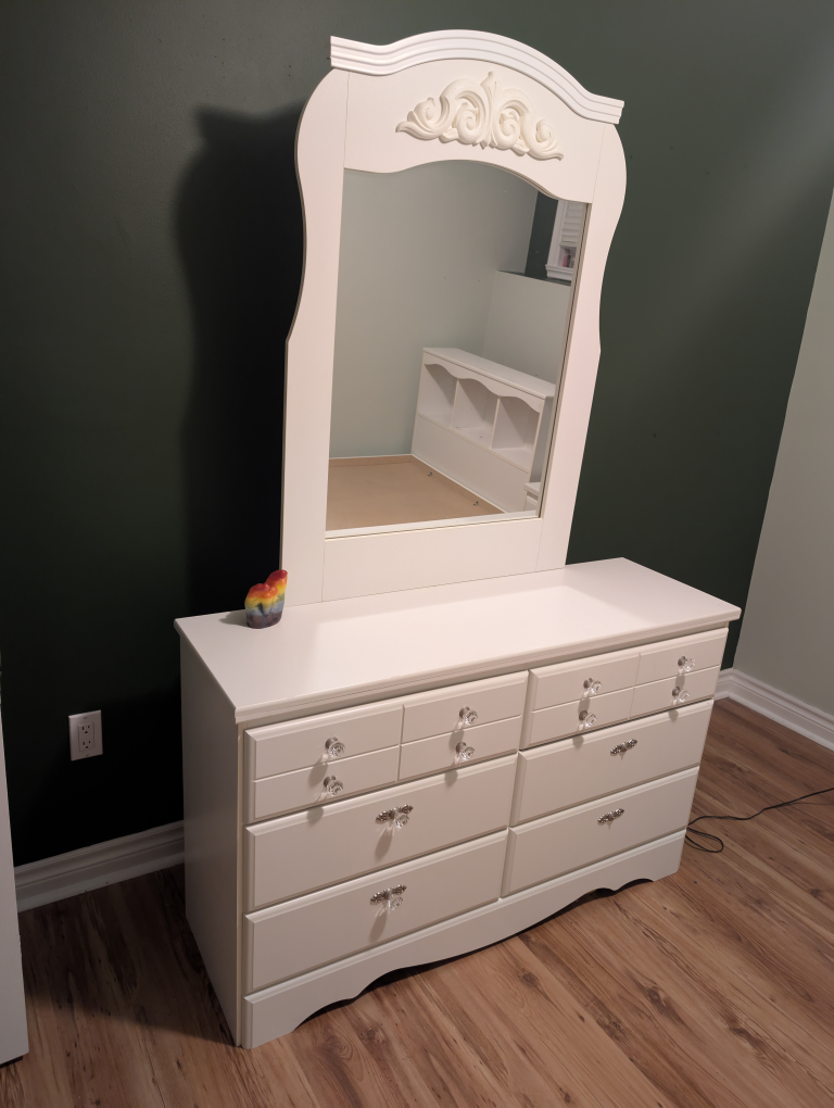 White bedroom set: dresser, mirror, bed frame, and nightstand - photo 2