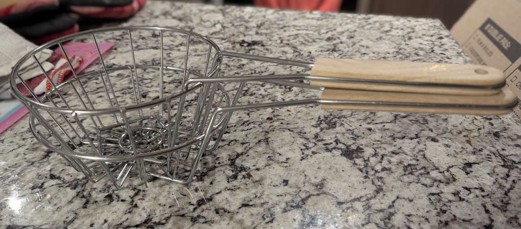 Two Metal Tortilla Fry Baskets with Wooden Handles