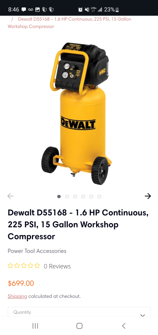 Dewalt 1.6 HP Continuous 225 PSI 15 Gallon  Compressor