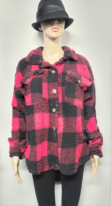 Women's Red and Black Buffalo Check Sherpa Shirt Jacket
