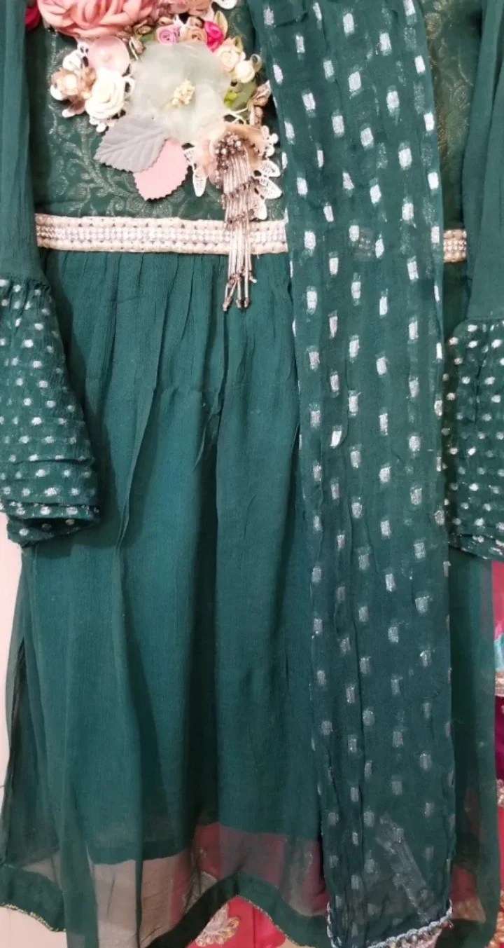 Girls' Emerald Green Shalwar Kameez with Floral Detailing image indicator(7)