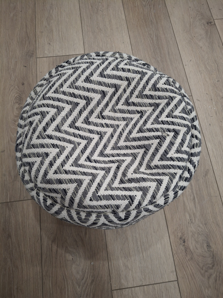Round Pouf Ottoman, Grey and Beige Chevron Pattern