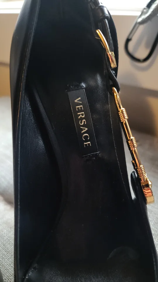 Authentic Versace Black Leather Safety Pin Heels image indicator(5)