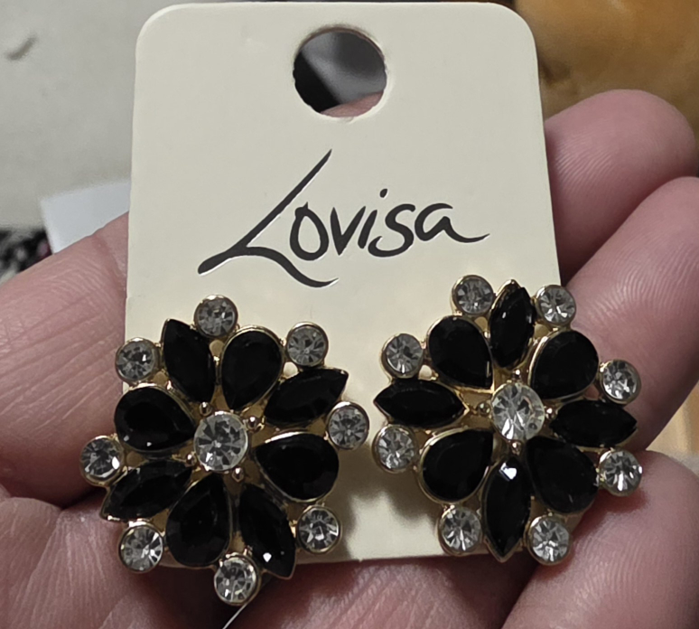 Lovisa Black and Clear Rhinestone Flower Stud Earrings