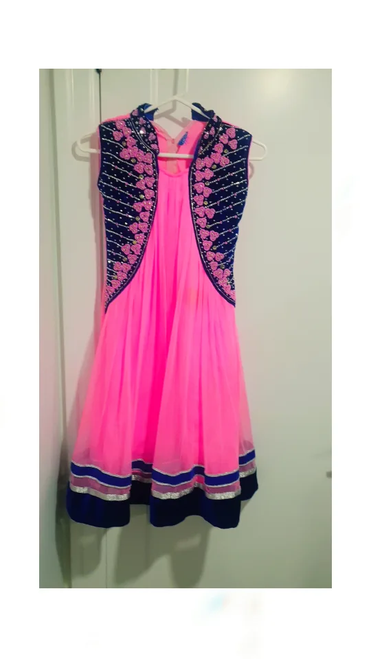 Girls' Pink and Blue Embroidered Dress with Matching Dupatta image indicator(2)
