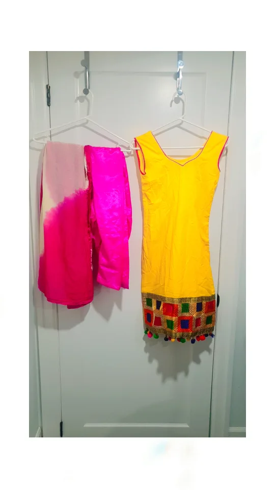 Girls' Pink and Blue Embroidered Dress with Matching Dupatta image indicator(4)