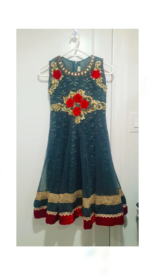 Girls' Pink and Blue Embroidered Dress with Matching Dupatta image indicator(9)