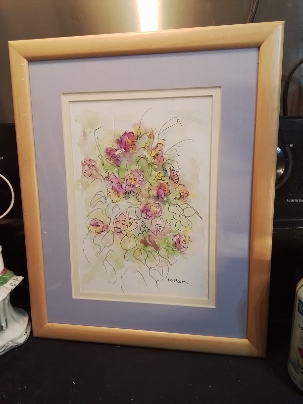 Framed Original Watercolor Painting of Flowers Signed