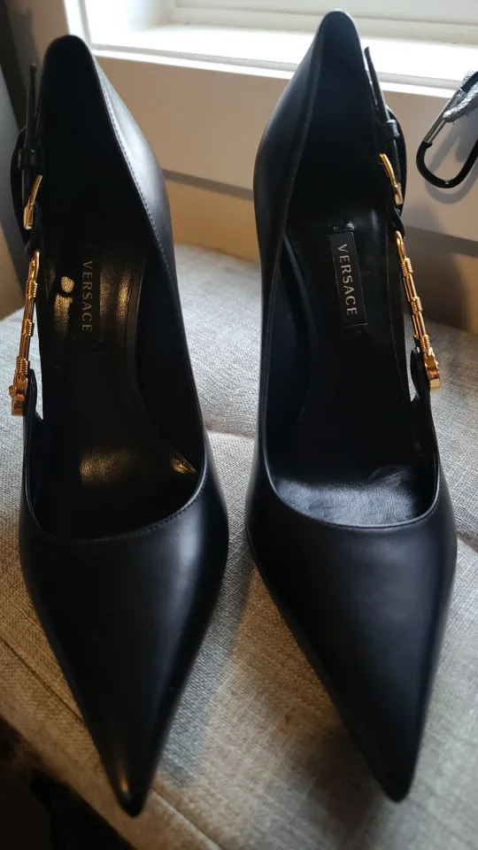 Authentic Versace Black Leather Safety Pin Heels image indicator(2)