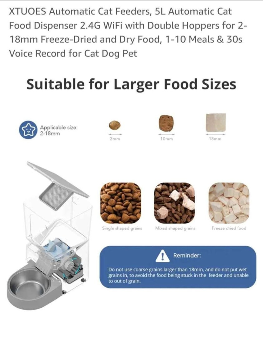 XTUOES Automatic Cat Feeder - 5L WiFi Pet Food Dispenser - photo 4