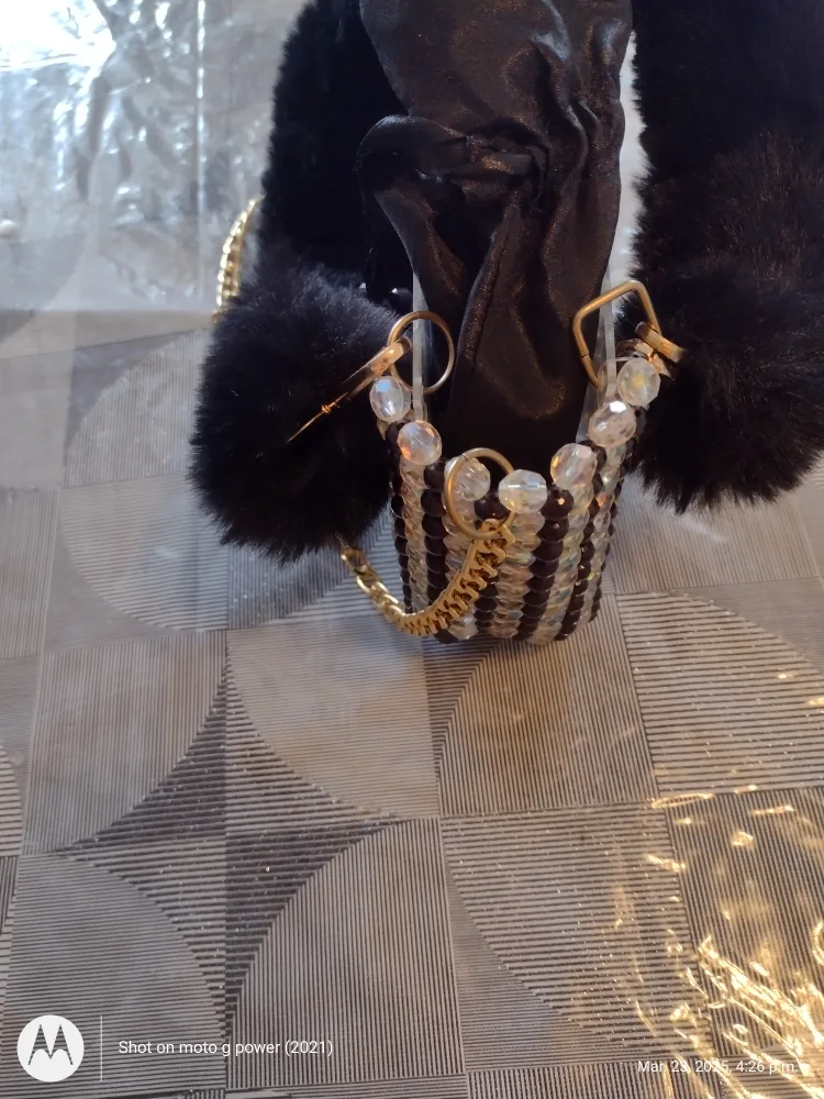 Unique Beaded Crossbody Bag with Fur Pom Pom image indicator(3)