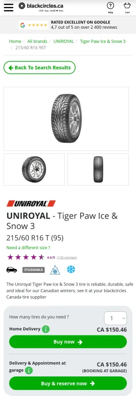 215/60/R16 95t - 4x UNIROYAL Tiger Paw Ice & Snow 3 Winter Tire image indicator(8)