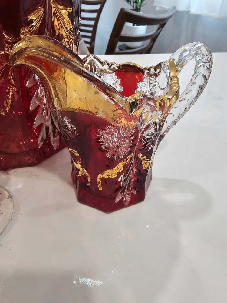 🧡Vintage Ruby Red Glass Pitcher Set with Two Liquor Glasses image indicator(3)