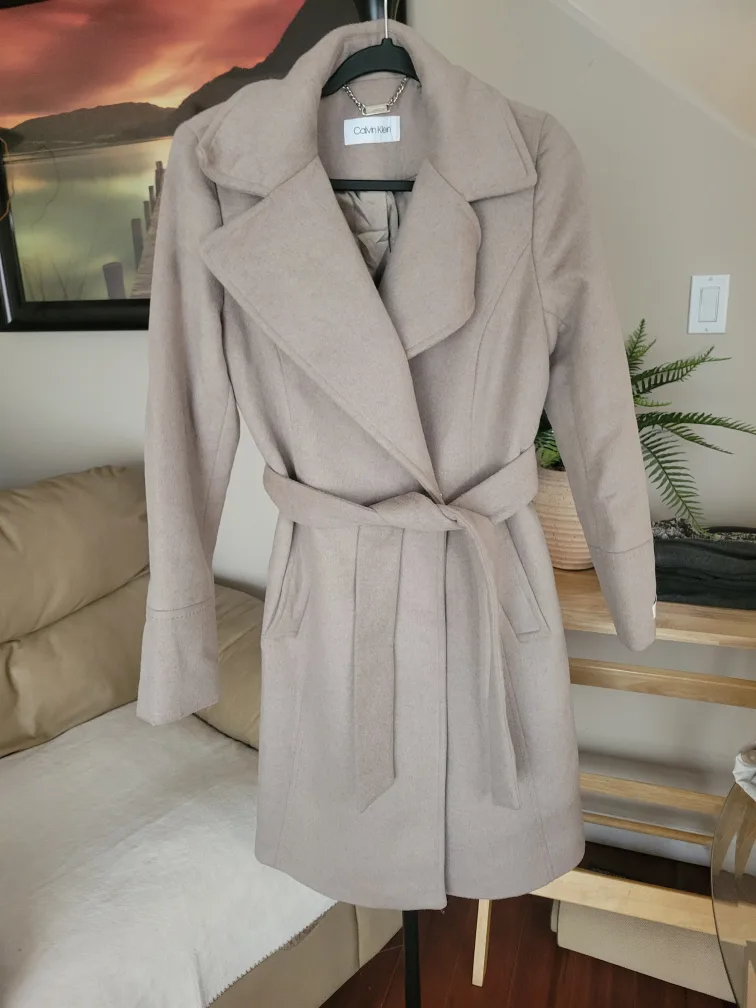Calvin Klein Women's Taupe Wool Blend Belted Coat image indicator(3)