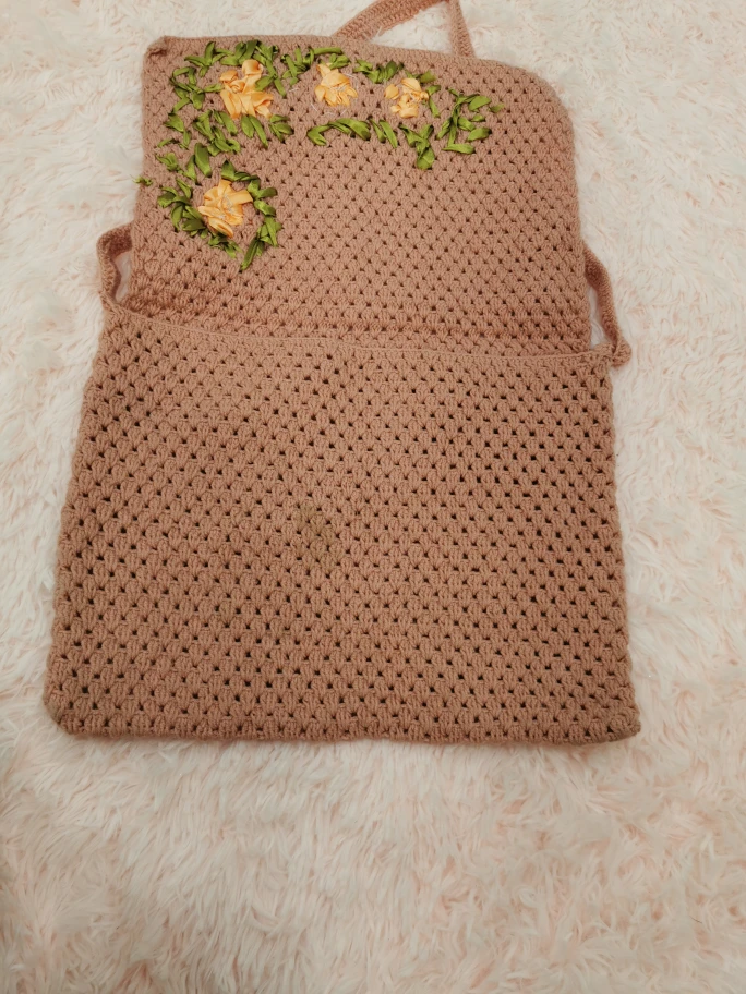 Handmade Crochet Shoulder Bag with Ribbon Embroidery - photo 2