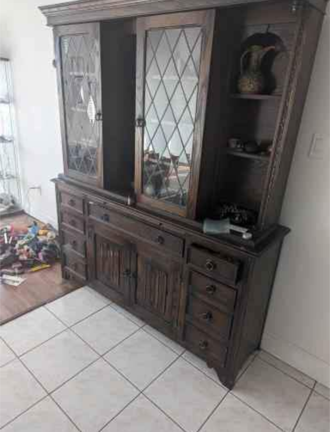 Antique Wooden Hutch with Glass Doors and Drawers