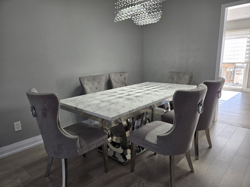 Modern Marble Dining Table Set with Six Grey Velvet Chairs