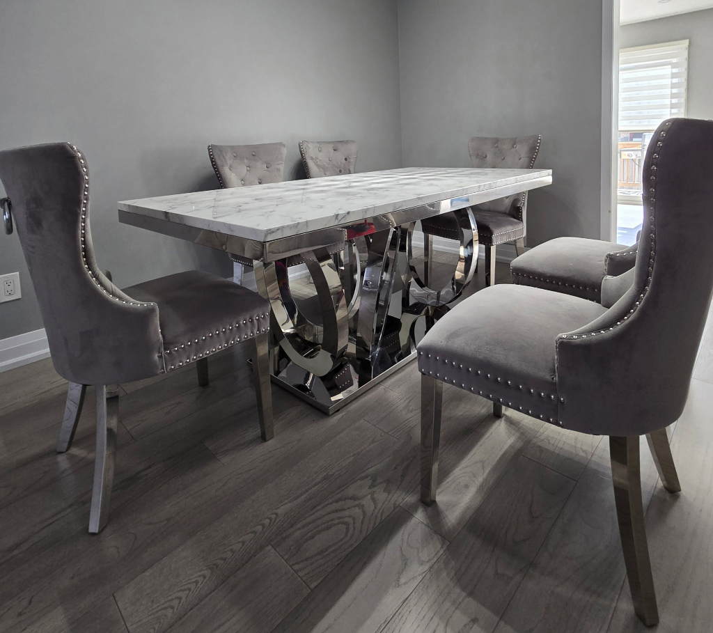 Modern Marble Dining Table Set with Six Grey Velvet Chairs - photo 2