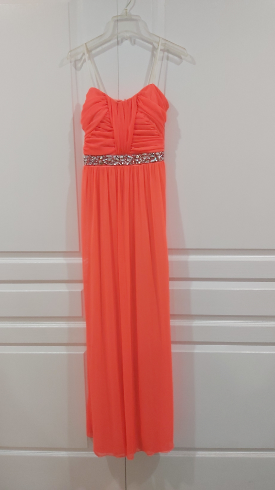 Coral pop pink Strapless Maxi Dress with Rhinestone Belt