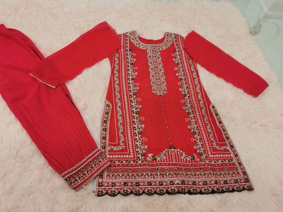 Girls' Red Embroidered Shalwar Kameez Suit