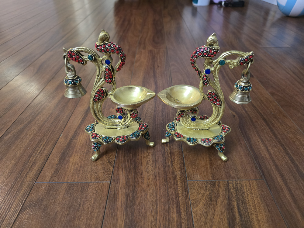 Pair of Ornate Brass Diya with Bells