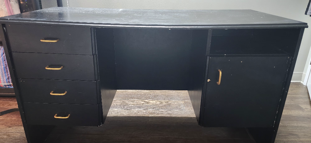 Black Desk with Four Drawers and Cabinet