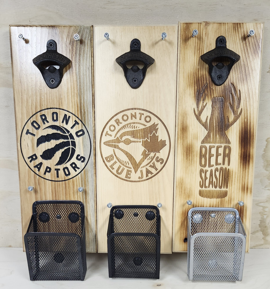 Rustic Wooden Wall-Mounted Bottle Opener with Cap Catcher